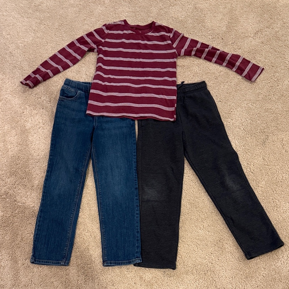 Maroon and White Striped Long Sleeve Tee. Jeans and dark gray pants. EUC. Boys.